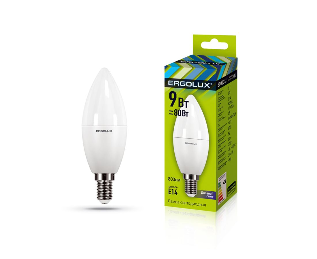 ლედ ნათურა ეკონომიური ცივი, ცოკოლზე C35-9W-E14-6K Ergolux — ნათურა და ვაზნა
